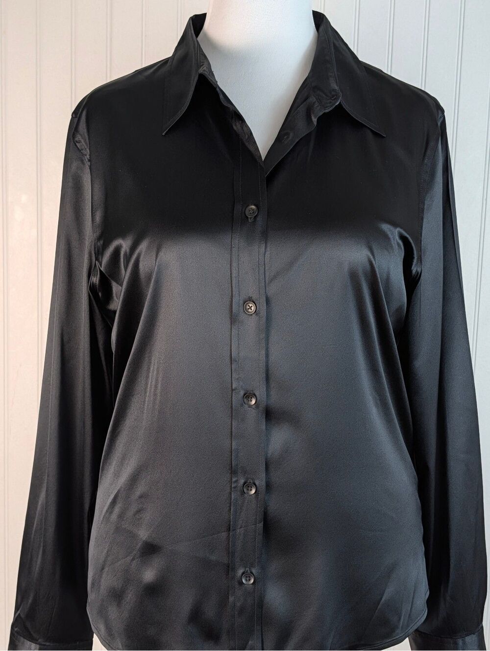 Vintage GAP Stretch Black Satin Long Sleeve Button Down Blouse Large